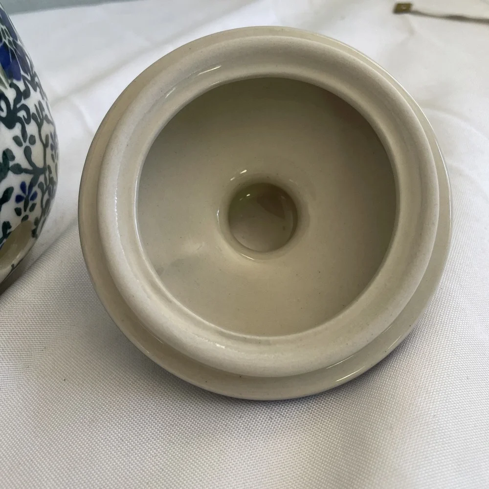 Vintage Polish Pottery Handled Garlic Onion Jar Made In Poland Blue Flowers 6in